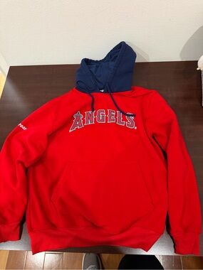 Angels Red Crewneck Hoodie with Navy Hood